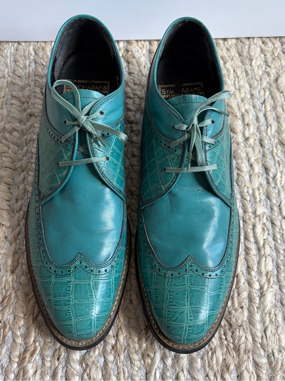 Vtg Stacy Adams Men’s Croc Embossed Leather Wingtip Oxford Shoes Turqoise Sz 10